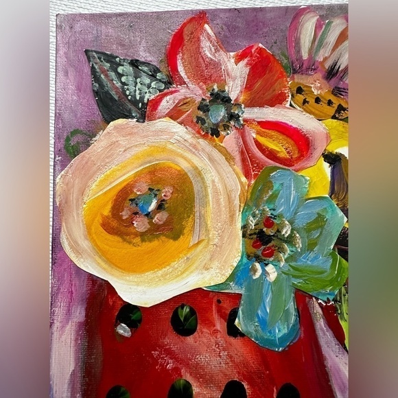 Original Art Painting Mixed Media Acrylic Collage on Canvas Board Red Floral - Picture 8 of 12